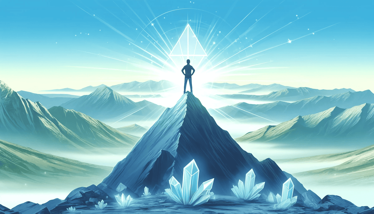 Silhouetted figure standing atop a crystal-covered mountain peak, illuminated by a glowing geometric symbol, with a serene mountain landscape in the background.