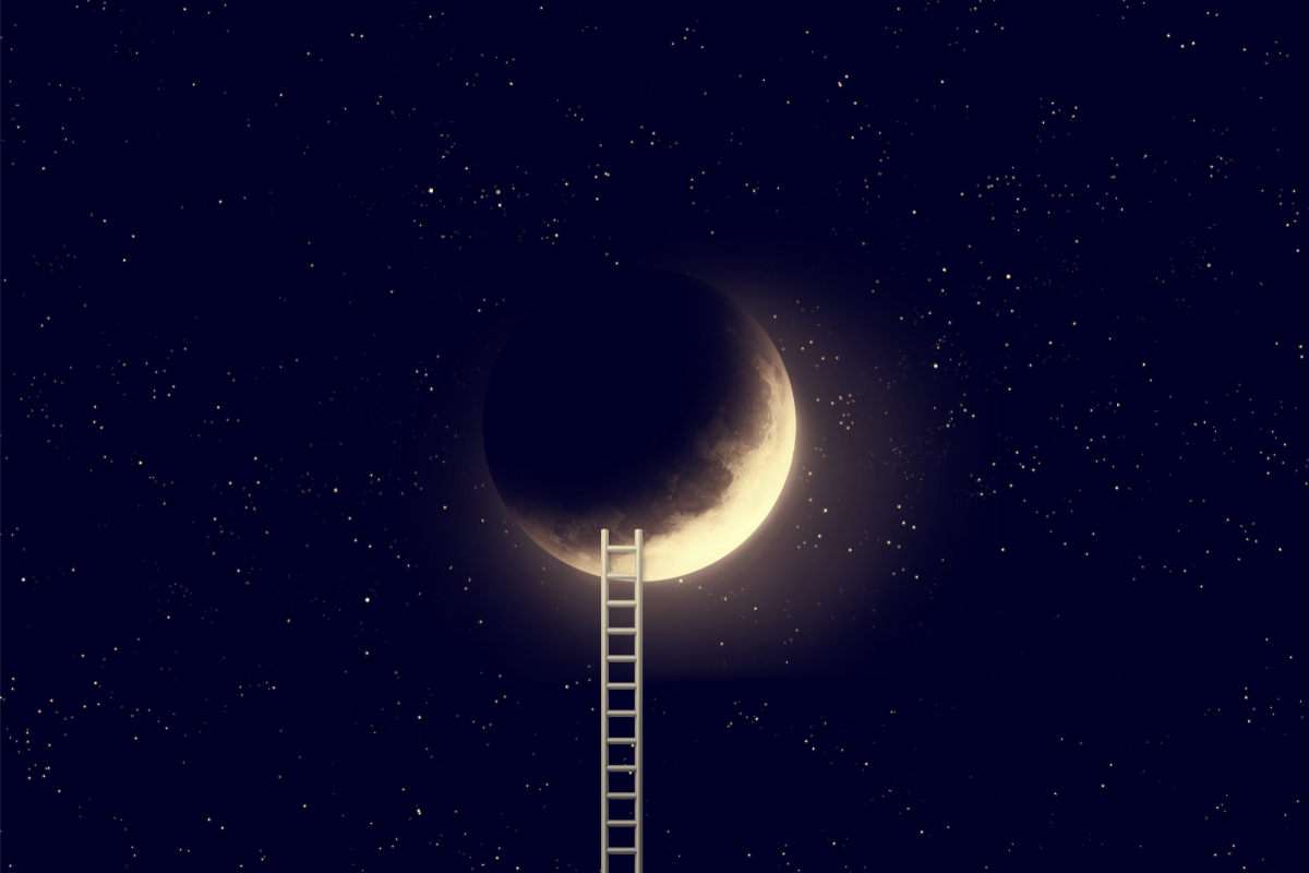Surreal night sky with a glowing crescent moon and a ladder reaching up to it, symbolizing dreams, aspiration, and cosmic exploration.