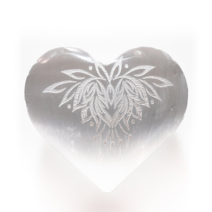 Corazón grabado de flor de loto de selenita natural - Cristal de selenita de 7,6 cm - Piedra curativa purificadora y regeneradora