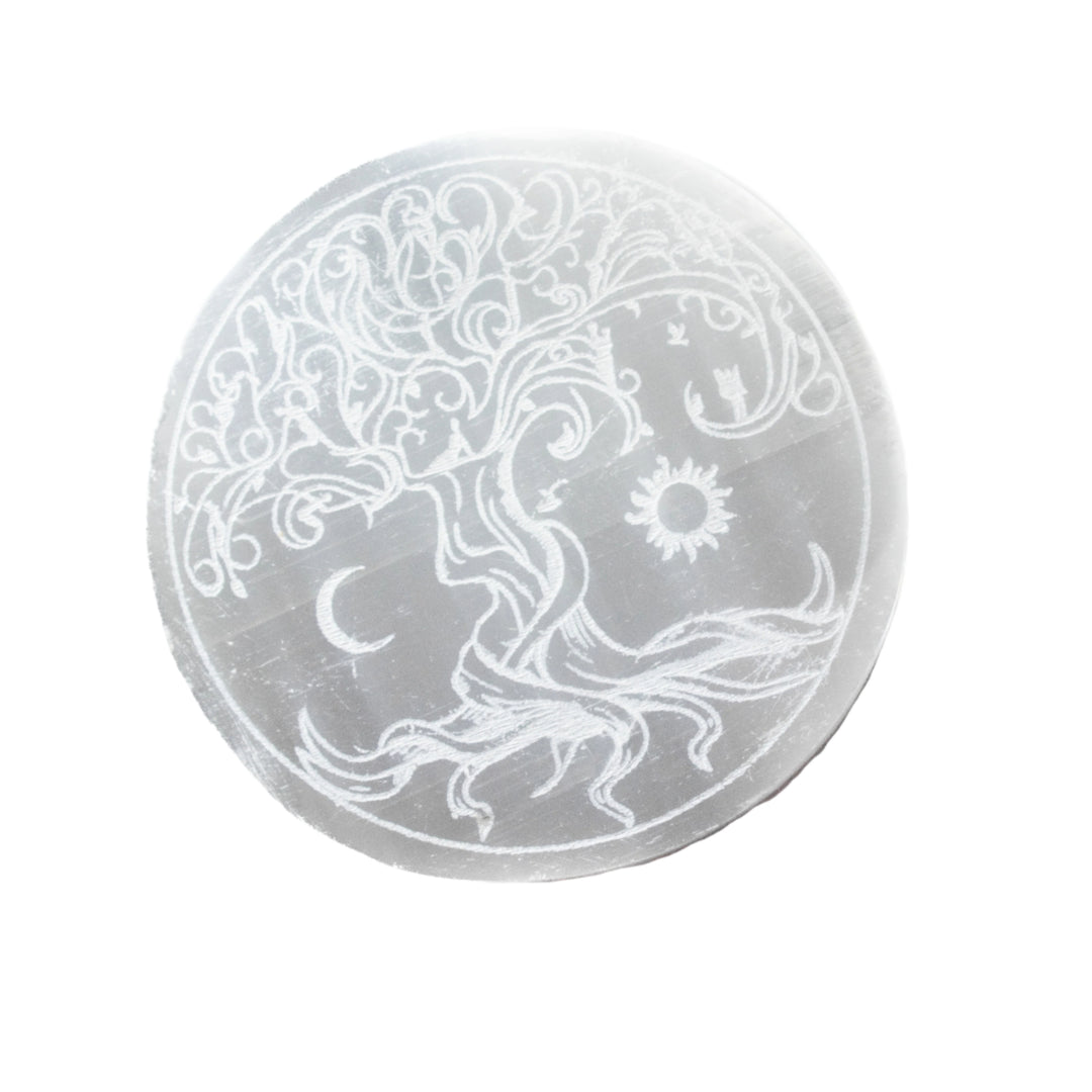 Placa de carga redonda grabada con el Árbol de la Vida de selenita natural - Cristal de selenita de 7,6 cm - Piedra curativa limpiadora y regeneradora