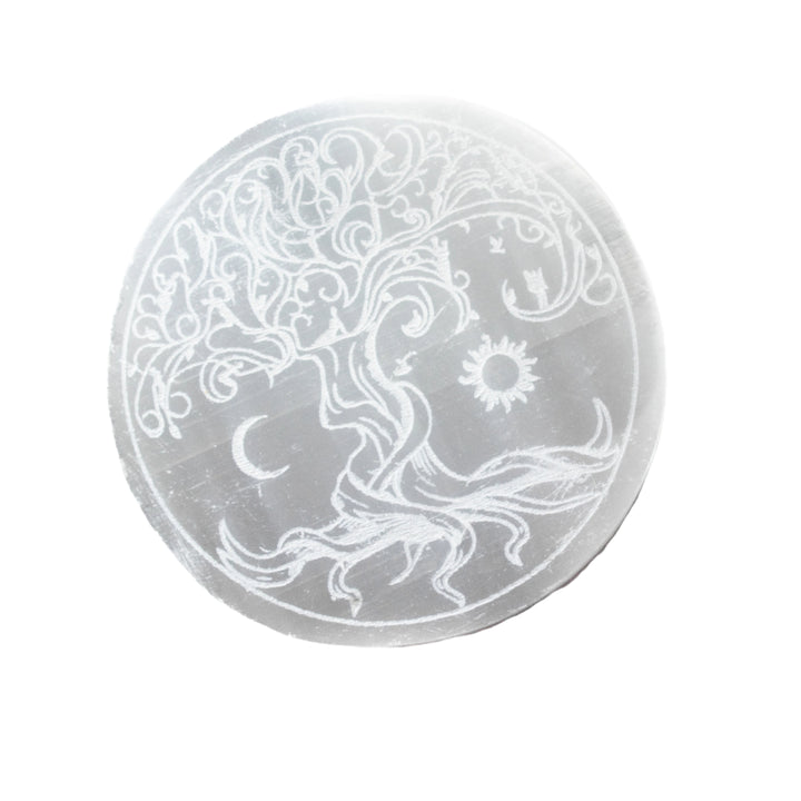 Placa de carga redonda grabada con el Árbol de la Vida de selenita natural - Cristal de selenita de 7,6 cm - Piedra curativa limpiadora y regeneradora