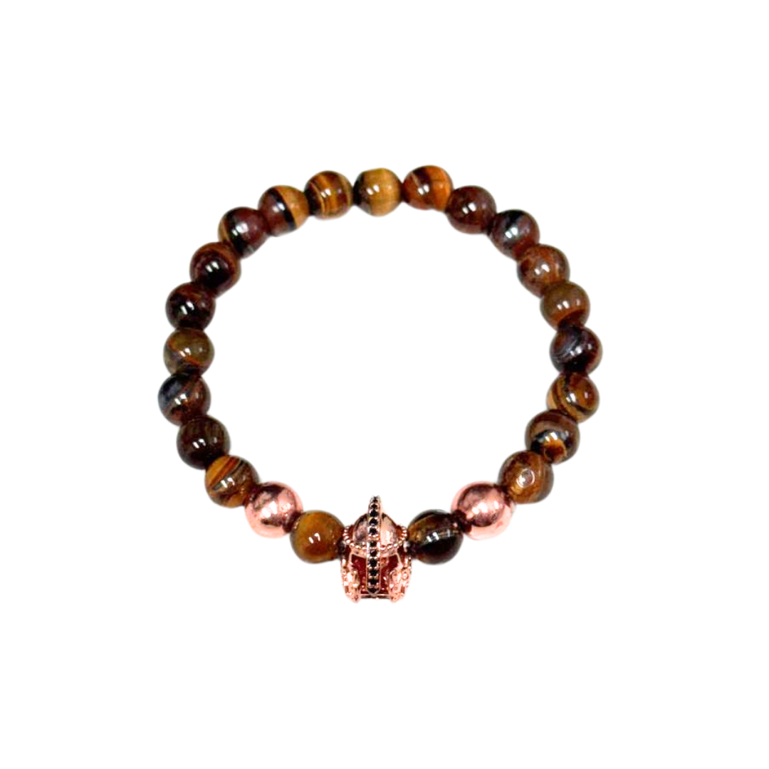 Pulsera de ojo de tigre natural - Dije de casco antiguo en tono dorado, cuentas de 8 mm - Armonía y equilibrio
