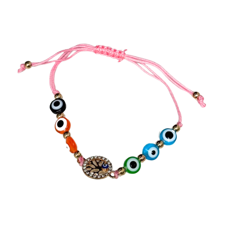 Bracelet tressé avec perles de verre multicolores « mauvais œil » et breloque arbre de vie dorée – Tresse réglable, 8 mm