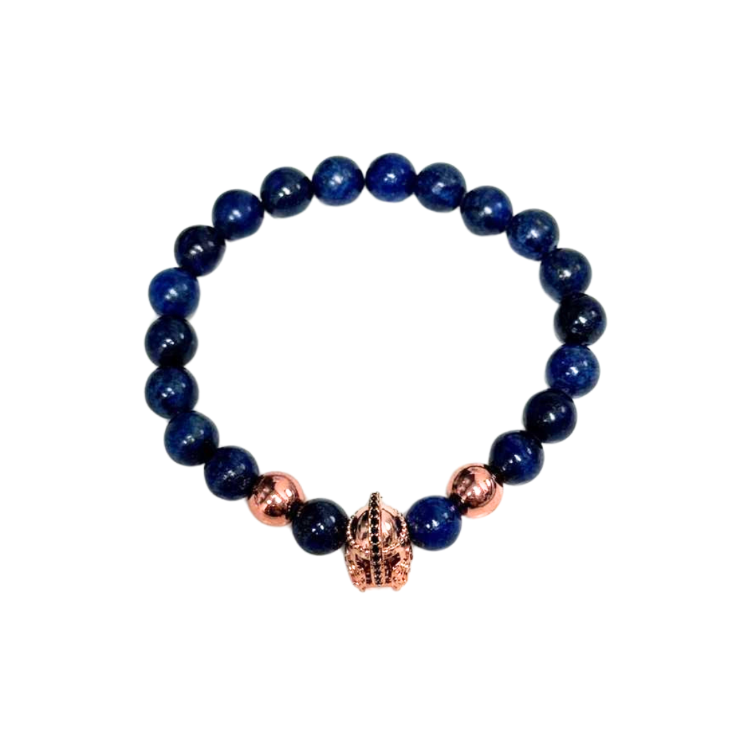 Natural Lapis Lazuli Gemstone Bracelet with Ancient Gold Helmet Accent - 8mm Beads
