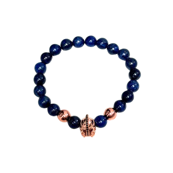 Natural Lapis Lazuli Gemstone Bracelet with Ancient Gold Helmet Accent - 8mm Beads