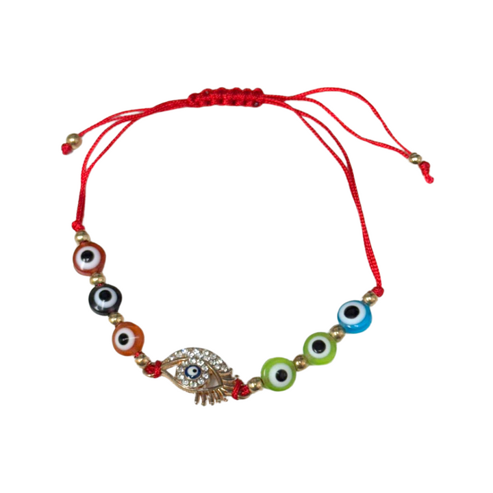 Multicolored Evil Eye-Nazar Glass Bracelet with Adjustable Braided Alloy Strands, 8mm - Spiritual Protection Accessory