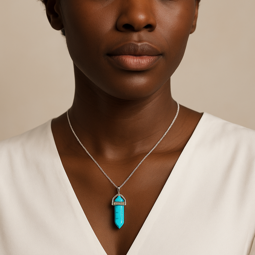 Synthetic Turquoise Point Pendant Necklace - Handcrafted Crystal Jewelry