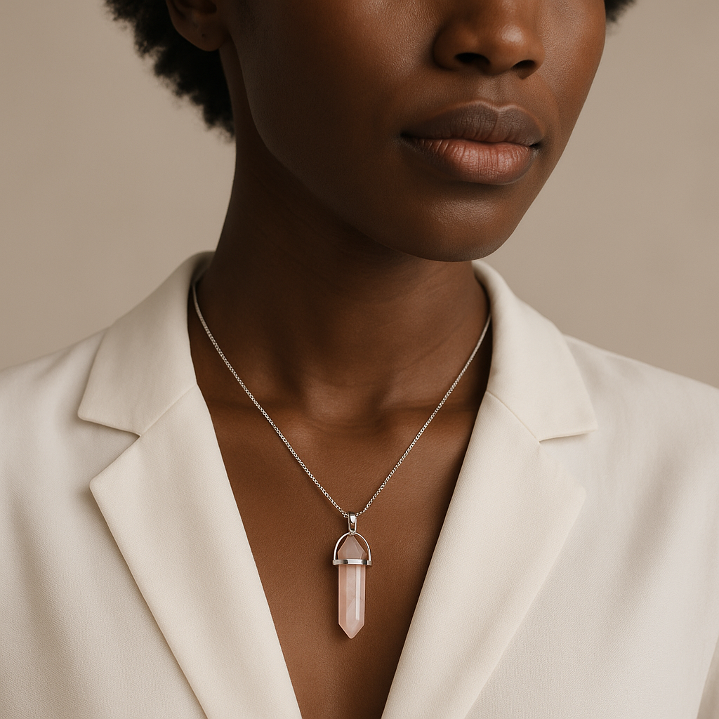 Collier avec pendentif en pointe de quartz rose naturel fabriqué à la main