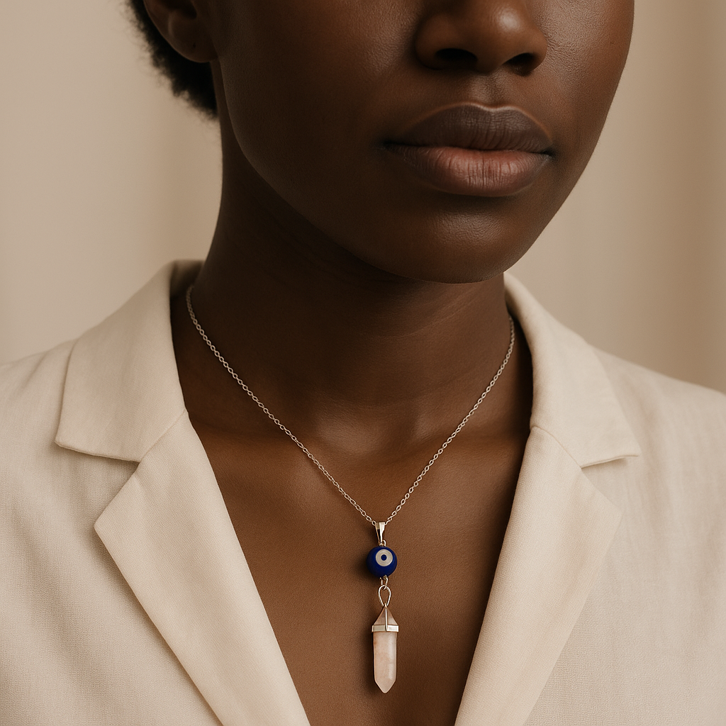 Rose Quartz Point Pendant Necklace with Evil Eye Charm - Handcrafted Crystal Jewelry