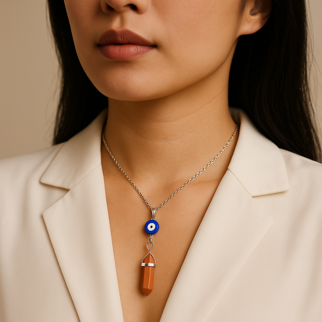 Red Gold Stone Point Pendant Necklace with Evil Eye Charm - Handcrafted Crystal Jewelry
