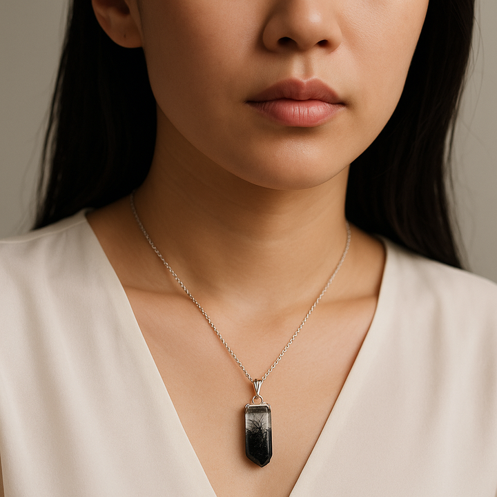 Tourmaline Quartz Slab Stick Pendant Necklace - Handcrafted Crystal Jewelry