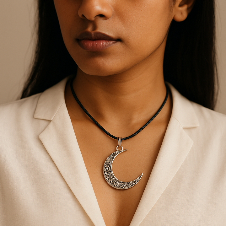 Moon Shaped Silver-Colored Brass Pendant Necklace - Handcrafted Artisan Jewelry