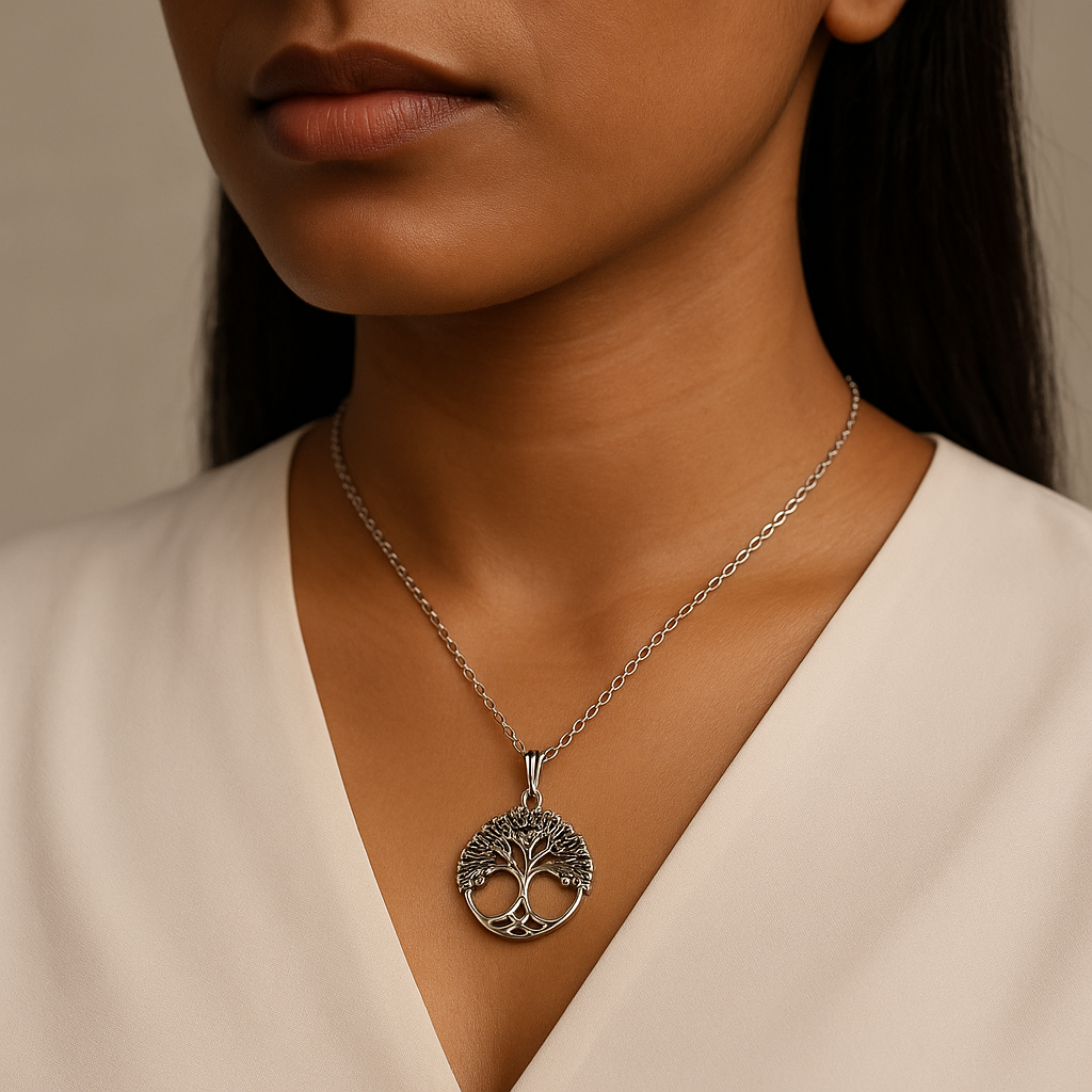 Pendentif Arbre de Vie en laiton argenté – Symbole artisanal de croissance et de force