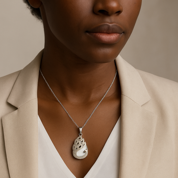 Handcrafted Natural Clear Quartz Teardrop Pendant  - Peacock Motif Gemstone Necklace