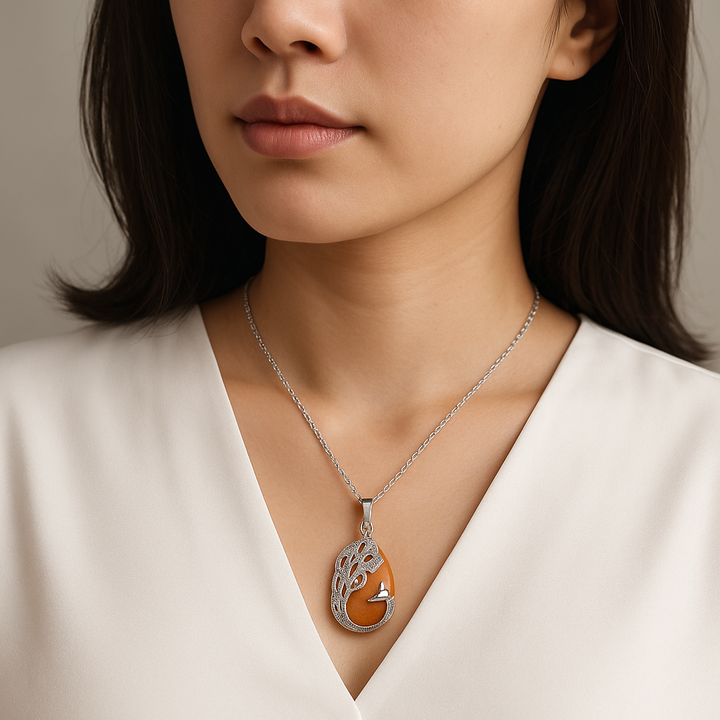 Handcrafted Natural Red Aventurine Teardrop Pendant - Peacock Feather Necklace