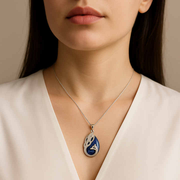 Handcrafted Natural Lapis Lazuli Teardrop Pendant - Peacock Feather Gemstone Necklace