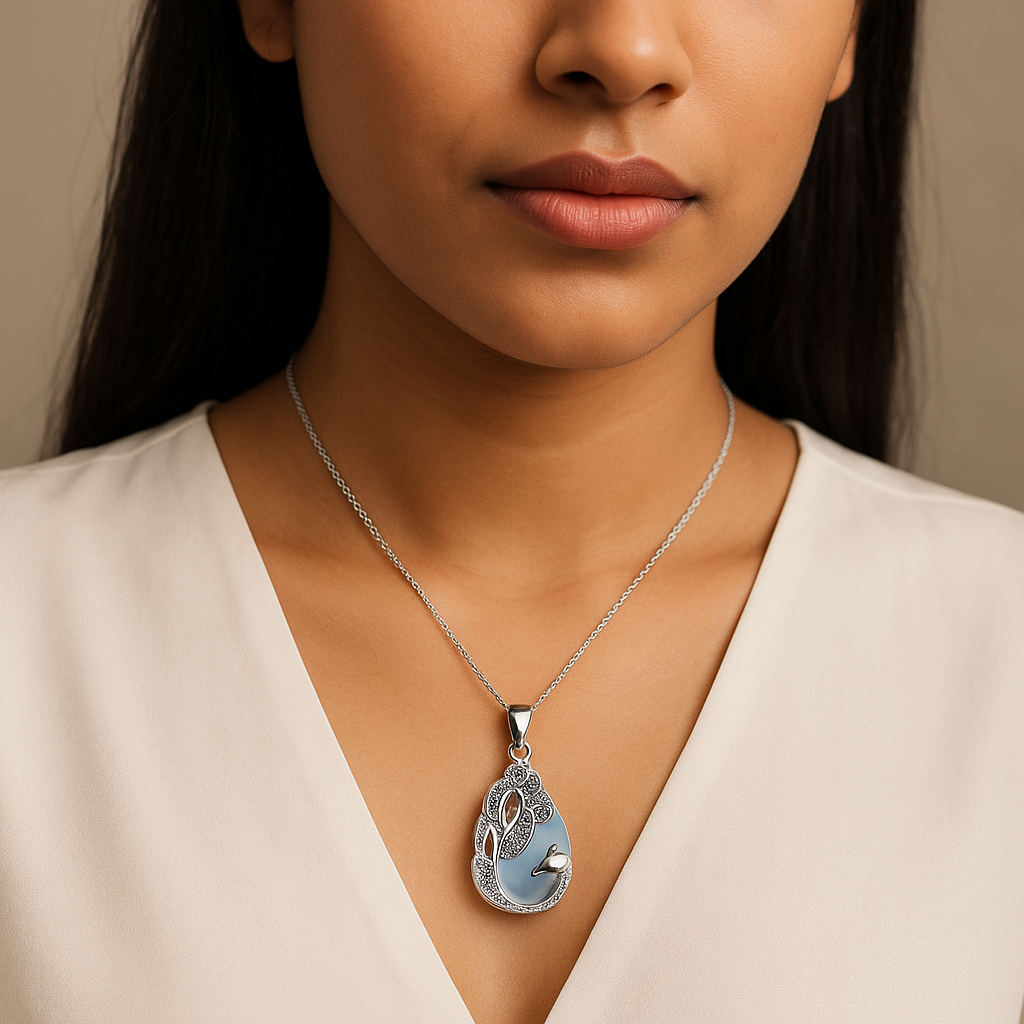 Handcrafted Teardrop Necklace - Opalite Gemstone with Peacock Motif