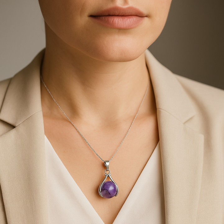 Collar con colgante de esfera de amatista hecho a mano