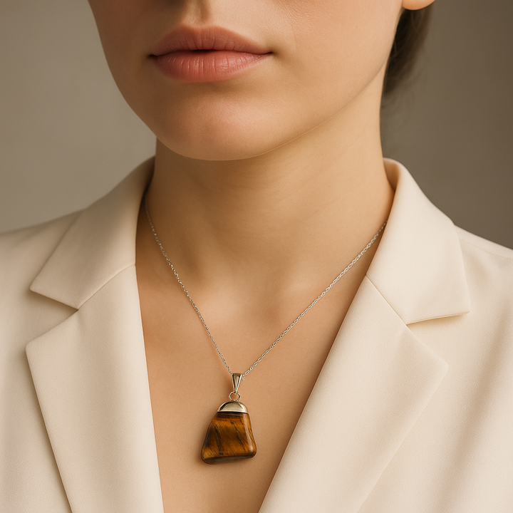 Collar con colgante de piedra preciosa de ojo de tigre de hierro natural hecho a mano