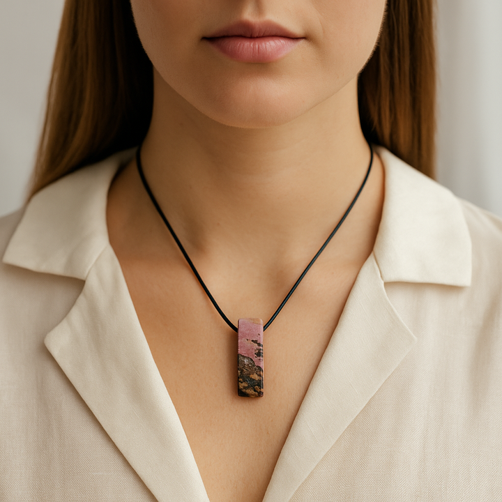 Handcrafted Natural Rhodonite Metal Free Pendant Necklace for Sensitive Skin