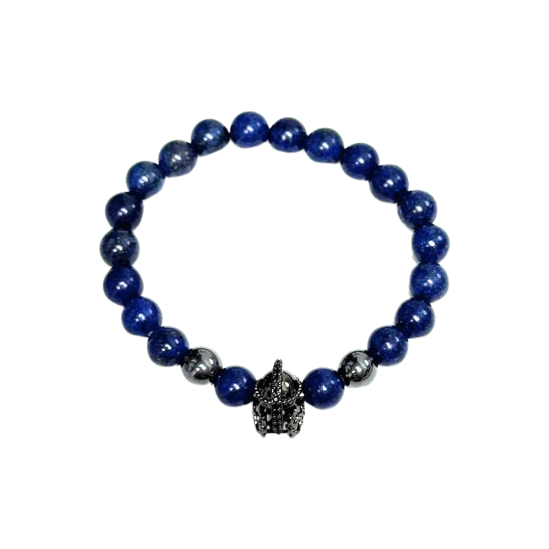 Natural Lapis Lazuli Gemstone Bracelet with Ancient Gold Helmet Accent - 8mm Beads