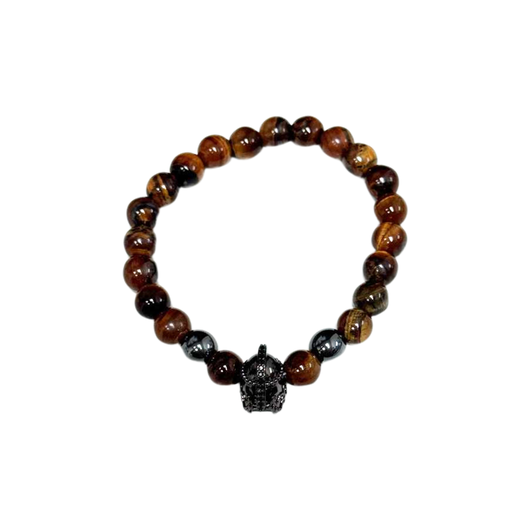 Pulsera de ojo de tigre natural - Dije de casco antiguo en tono dorado, cuentas de 8 mm - Armonía y equilibrio
