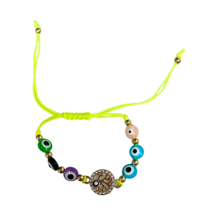 Bracelet tressé avec perles de verre multicolores « mauvais œil » et breloque arbre de vie dorée – Tresse réglable, 8 mm