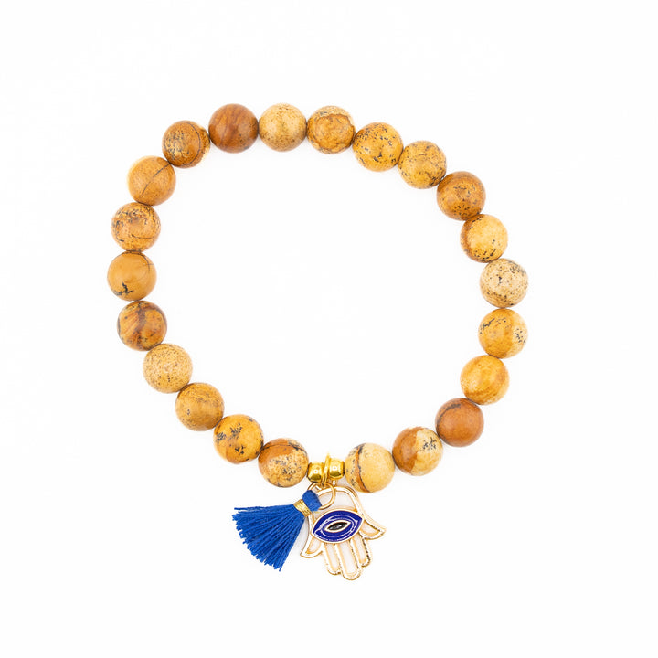 Picture Jasper & Black Bead Protection Bracelet Set – Hamsa Evil Eye Charm for Strength & Grounding