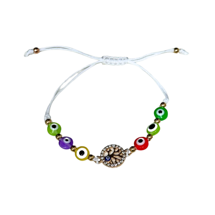 Bracelet tressé avec perles de verre multicolores « mauvais œil » et breloque arbre de vie dorée – Tresse réglable, 8 mm