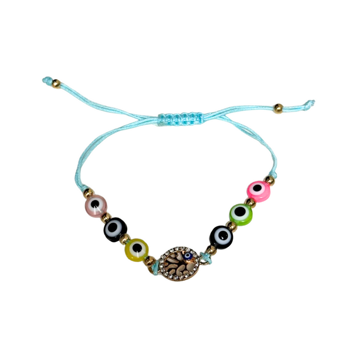 Bracelet tressé avec perles de verre multicolores « mauvais œil » et breloque arbre de vie dorée – Tresse réglable, 8 mm