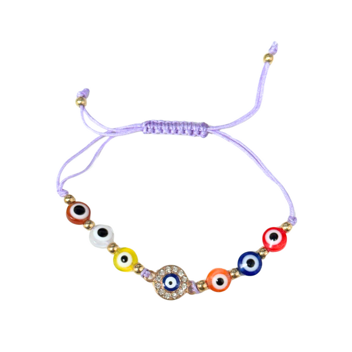 Multicolored Evil Eye-Nazar Glass Bracelet with Adjustable Braided Alloy Strands, 8mm - Spiritual Protection Accessory