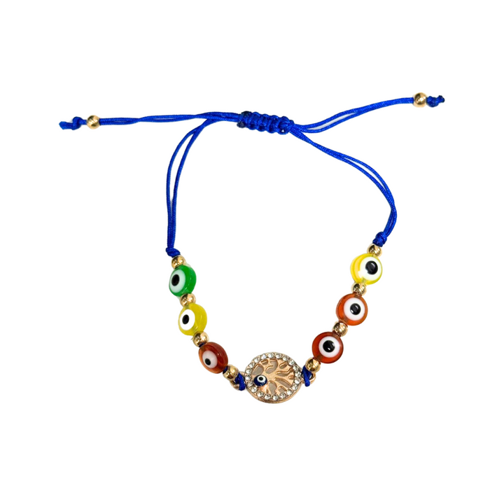 Bracelet tressé avec perles de verre multicolores « mauvais œil » et breloque arbre de vie dorée – Tresse réglable, 8 mm