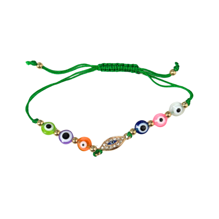 Multicolored Evil Eye-Nazar Glass Bracelet with Adjustable Braided Alloy Strands, 8mm - Spiritual Protection Accessory
