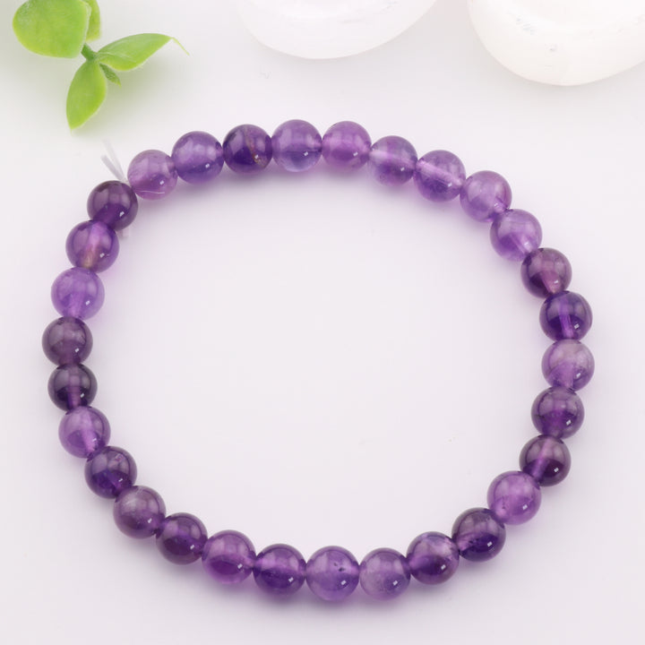 Pulsera elástica de amatista natural (sin metal, 6 mm) - Accesorio de piedra preciosa morada