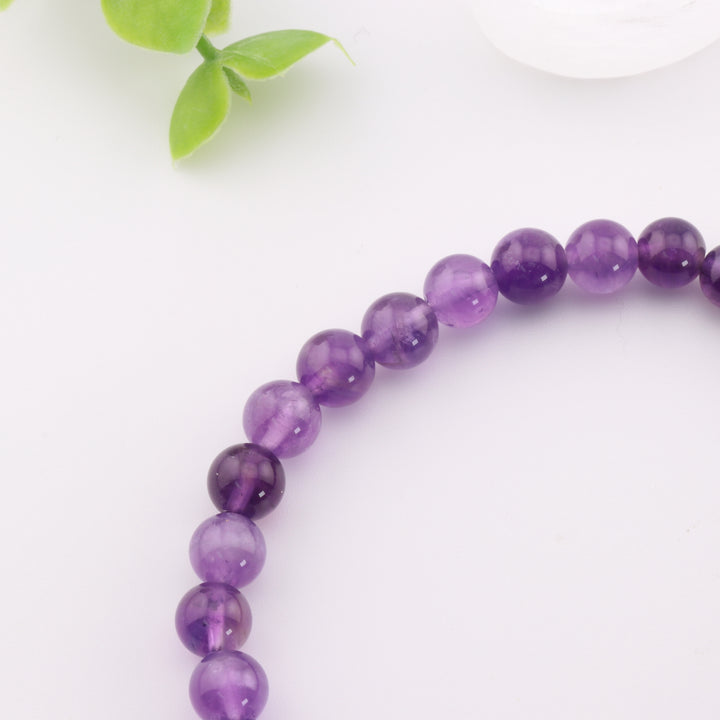 Pulsera elástica de amatista natural (sin metal, 6 mm) - Accesorio de piedra preciosa morada
