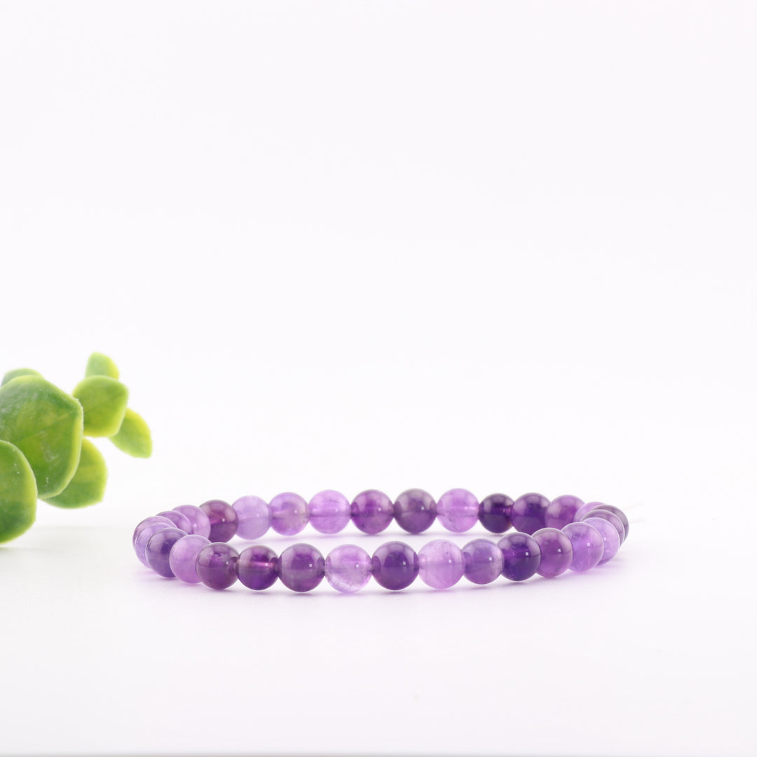 Pulsera elástica de amatista natural (sin metal, 6 mm) - Accesorio de piedra preciosa morada