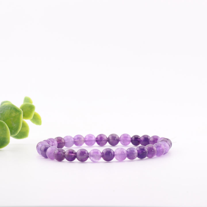 Pulsera elástica de amatista natural (sin metal, 6 mm) - Accesorio de piedra preciosa morada