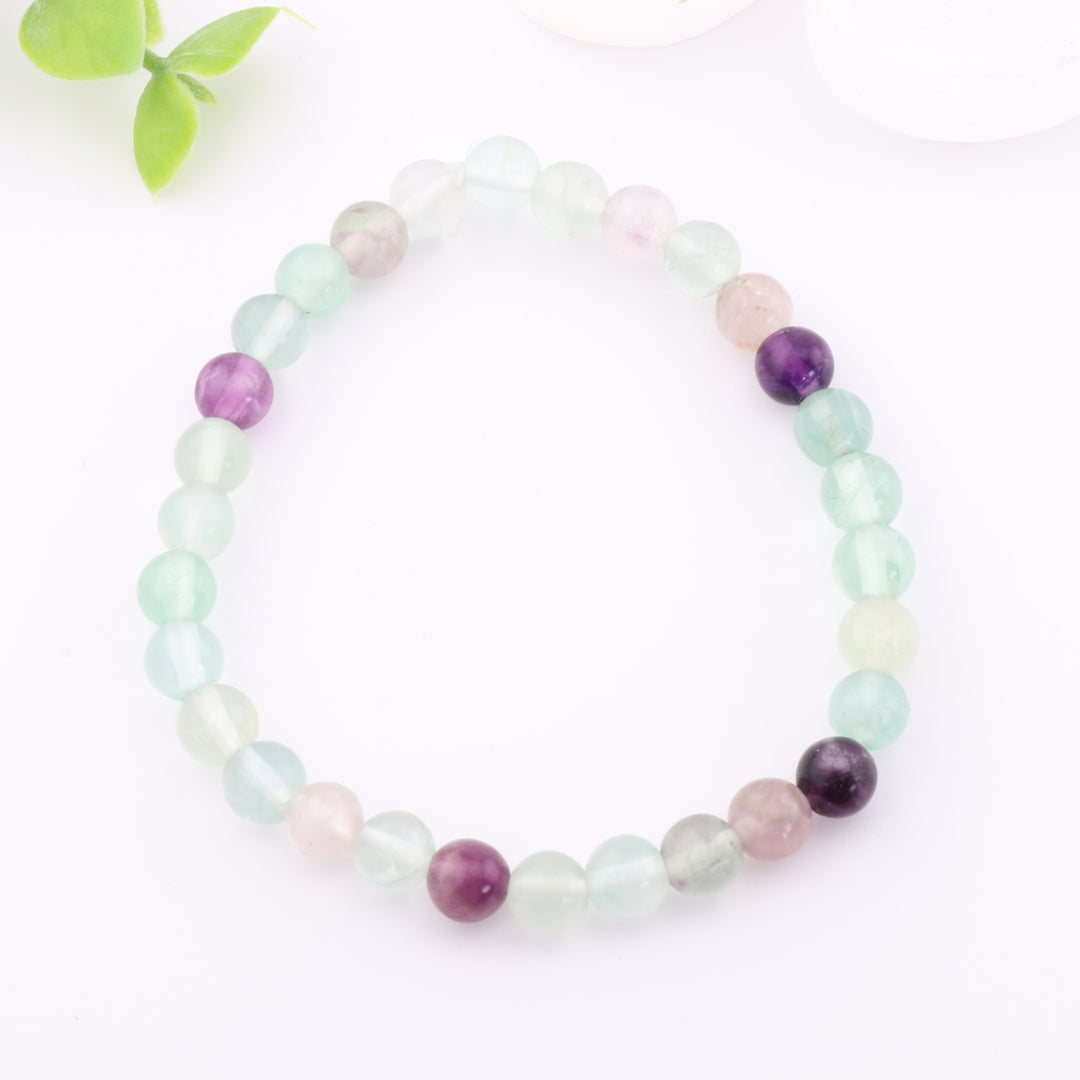 Pulsera de fluorita arcoíris natural (sin metal, 6 mm) - Joyería de cristal relajante