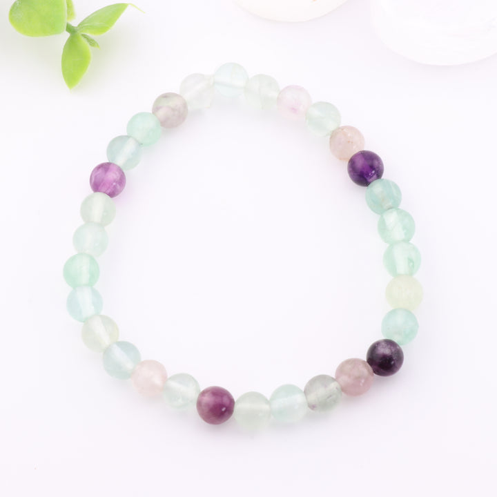 Pulsera de fluorita arcoíris natural (sin metal, 6 mm) - Joyería de cristal relajante