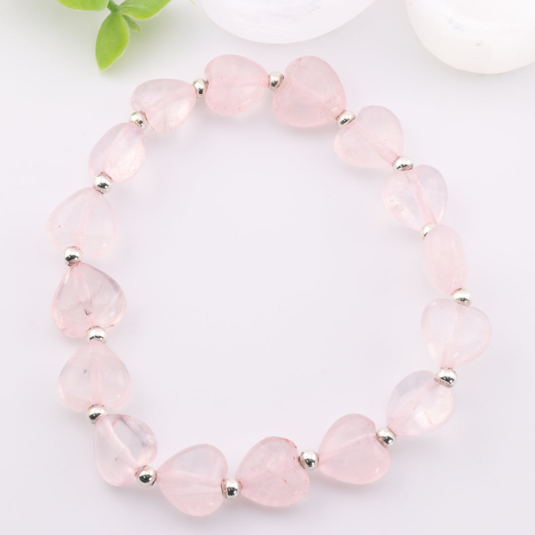 Bracelet en quartz rose naturel – Forme cœur, 8 mm – Cristal de guérison, amour de soi