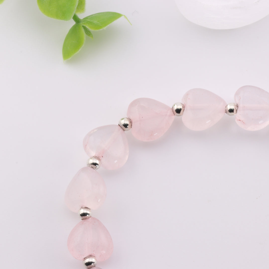 Bracelet en quartz rose naturel – Forme cœur, 8 mm – Cristal de guérison, amour de soi