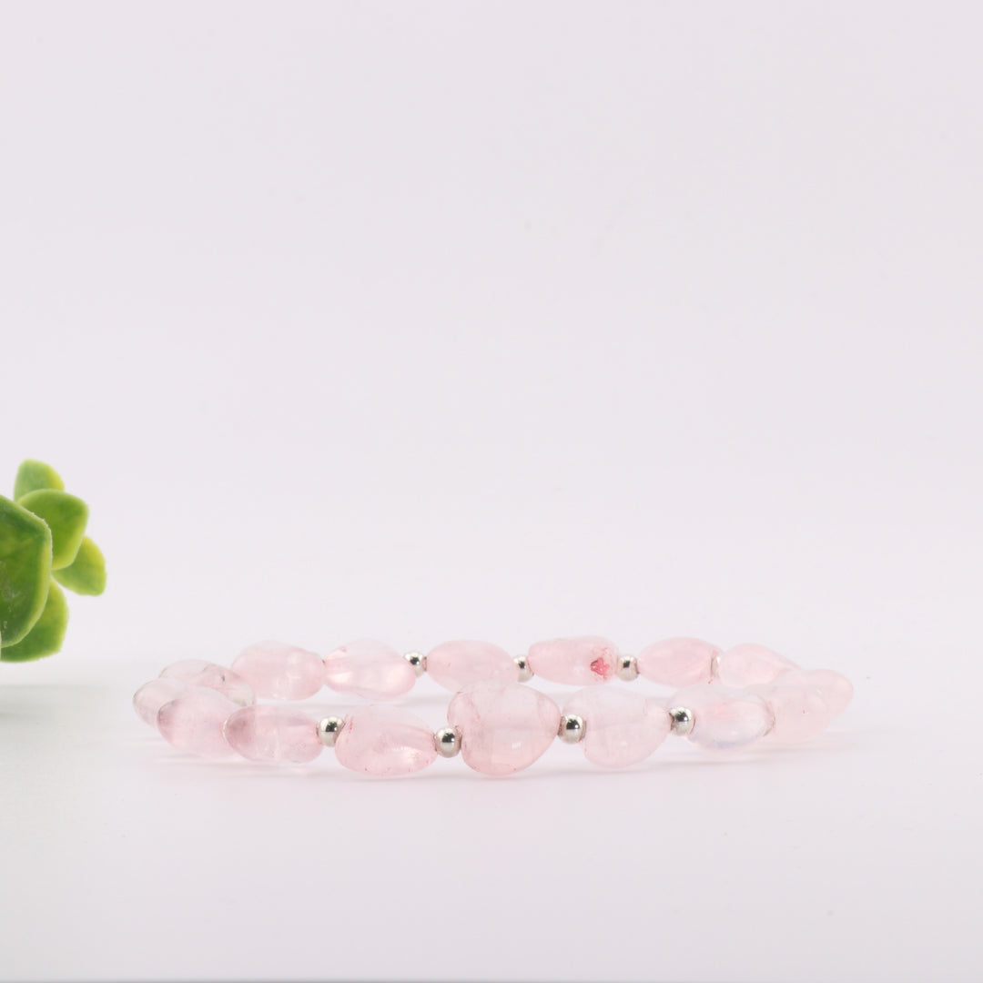 Bracelet en quartz rose naturel – Forme cœur, 8 mm – Cristal de guérison, amour de soi