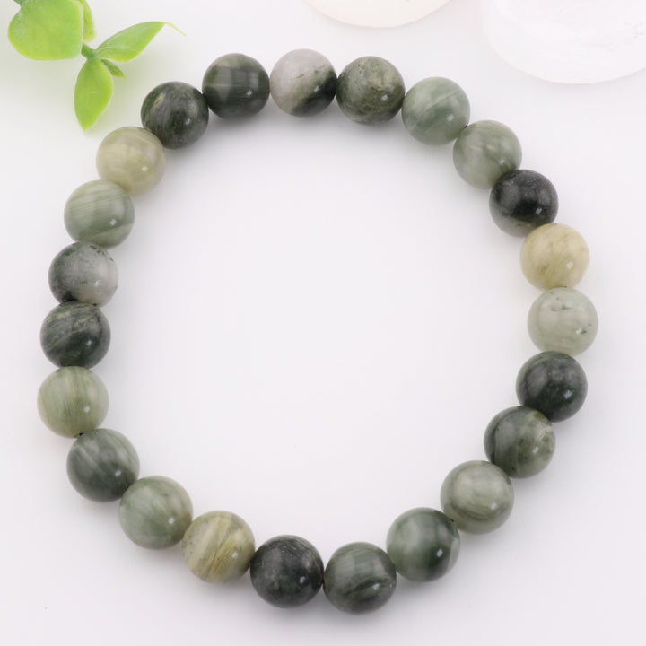 Pulsera de cuarzo rutilado verde natural (sin metal, 8 mm) - Equilibrio energético y estilo moderno