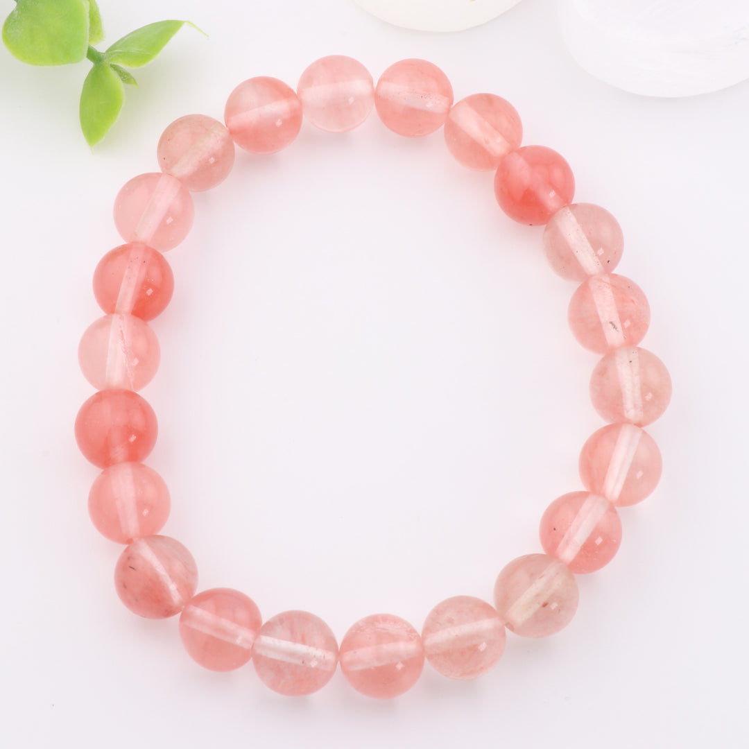 Bracelet en perles de quartz cerise synthétique – Accessoire en pierre précieuse de 8 mm sans métal