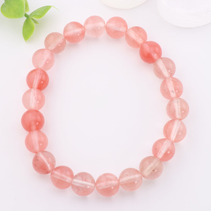 Bracelet en perles de quartz cerise synthétique – Accessoire en pierre précieuse de 8 mm sans métal