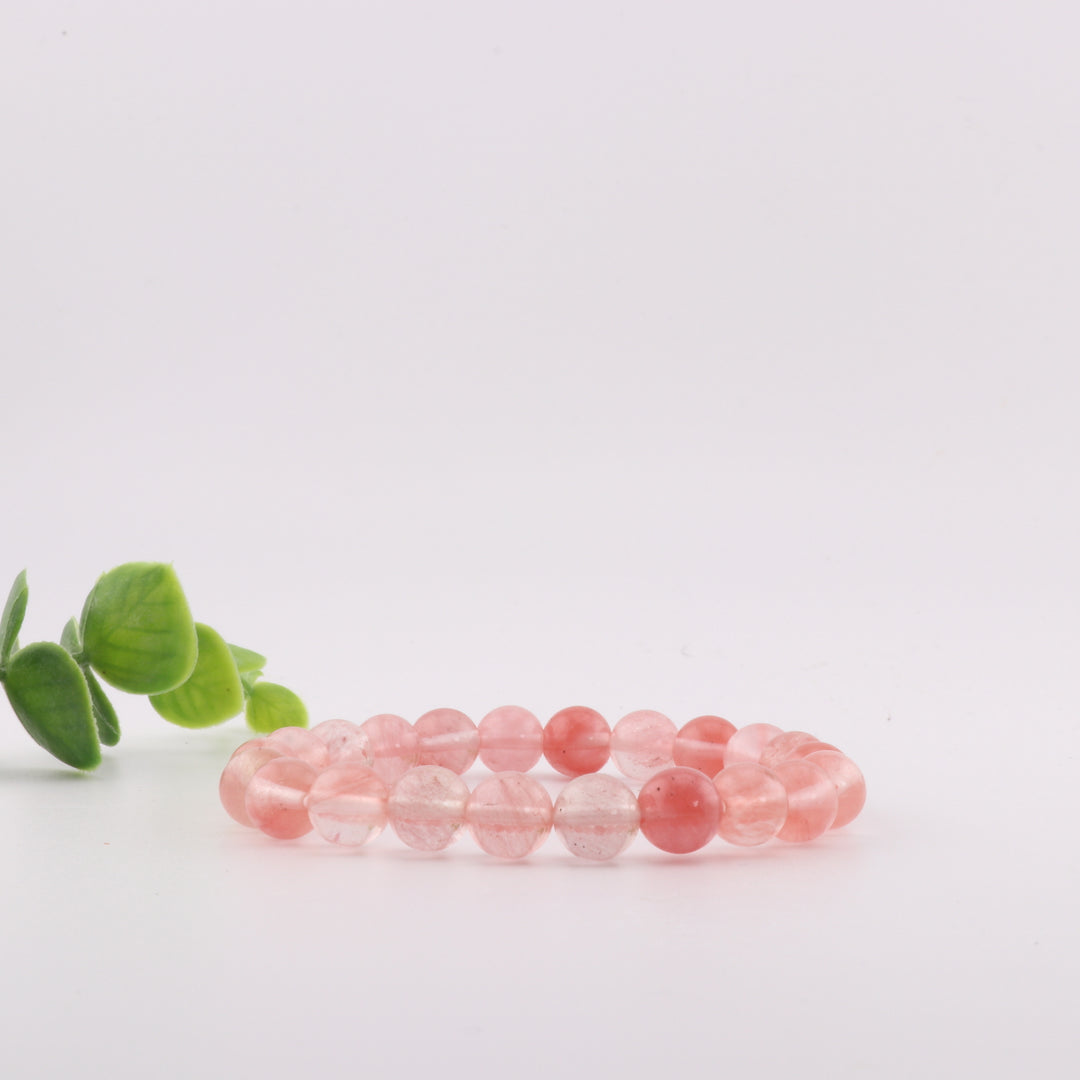 Bracelet en perles de quartz cerise synthétique – Accessoire en pierre précieuse de 8 mm sans métal