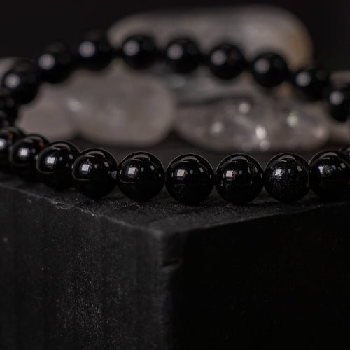 Pulsera de turmalina negra natural de 8 mm, sin metal - Joyería energética