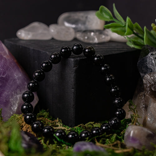 Pulsera de turmalina negra natural de 8 mm, sin metal - Joyería energética