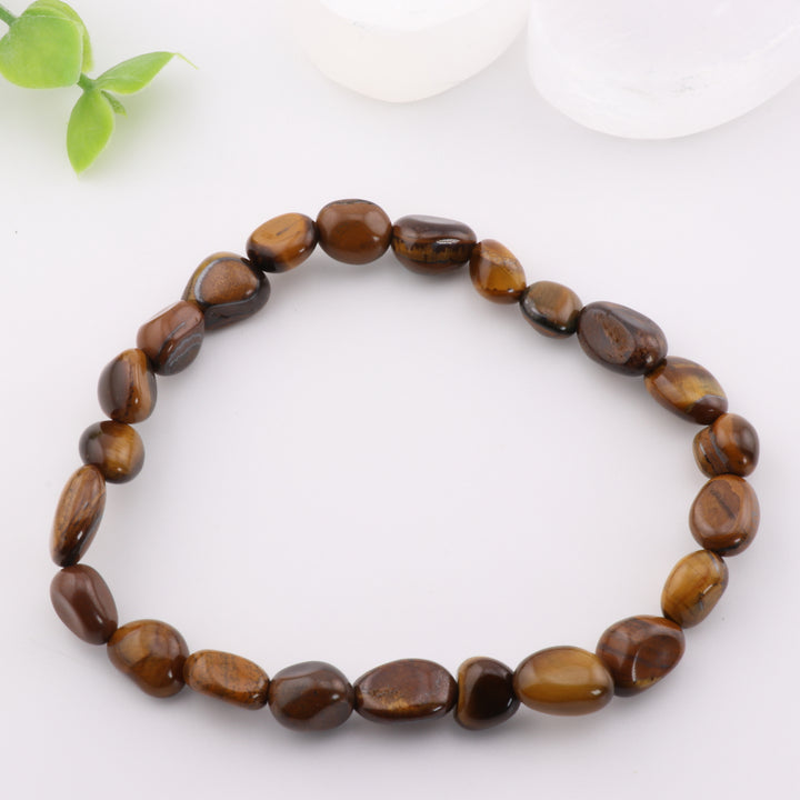 Pulsera de ojo de tigre natural de forma libre (sin metal), 6-8 mm, brillo marrón dorado y energía curativa.