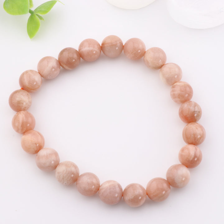 Pulsera de piedra lunar natural de melocotón - Sin metal, 8 mm - Joyería de cristal curativo